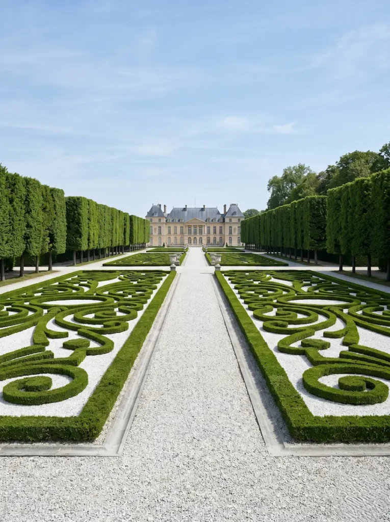 Eje axial de un jardín francés enmarcado por intrincados parterres de broderie sobre grava blanca, evidenciando una planimetría e integración paisajística de rotunda perfección geométrica.