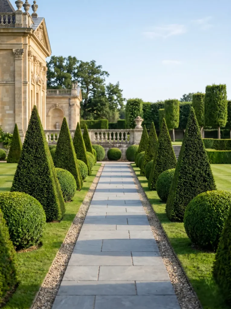 Composición botánica de máxima exigencia técnica protagonizada por formas cónicas y esféricas talladas en tejo (Taxus baccata) y boj, ilustrando el rigor del arte topiario histórico.