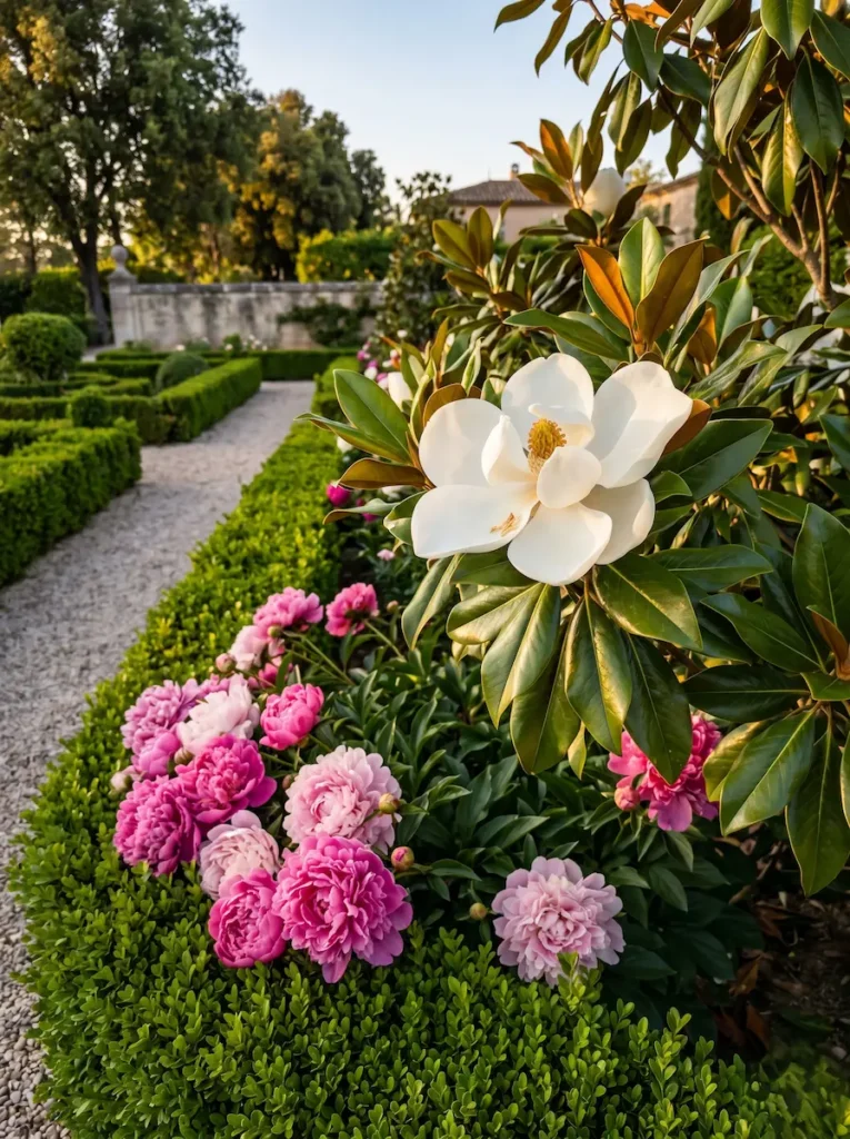 Detalle de color estratégico en un parterre clásico, donde la floración voluptuosa de la peonía (Paeonia officinalis) y la nobleza del magnolio (Magnolia grandiflora) contrastan con el rigor del seto perenne.