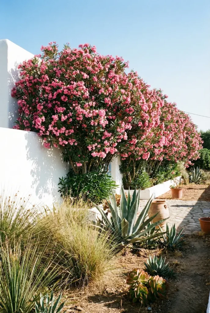 Adelfas en pleno sol, una floración duradera en el verano.