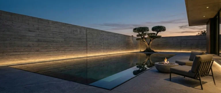 jardín minimalista máximo ejemplar singular de olivo con poda en discos, iluminación indirecta en perímetro