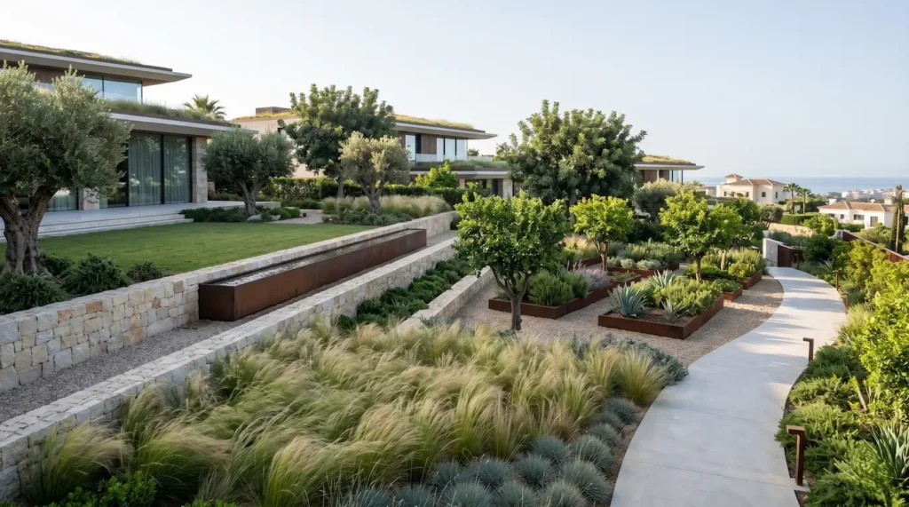 Jardín contemporáneo que refleja las tendencias de paisajismo 2026 un ejemplo de calidad y diseño cuidado con materiales nobles