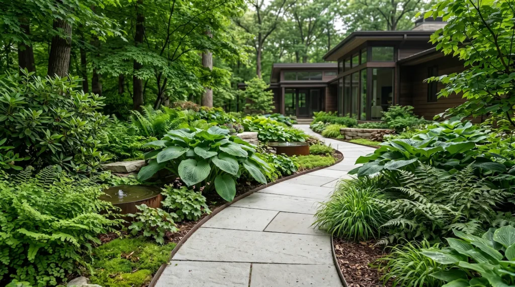 Diseño de un jardín de sombra contemporáneo con pavimentos claros de piedra limpia logrando una integración paisajística de excelencia