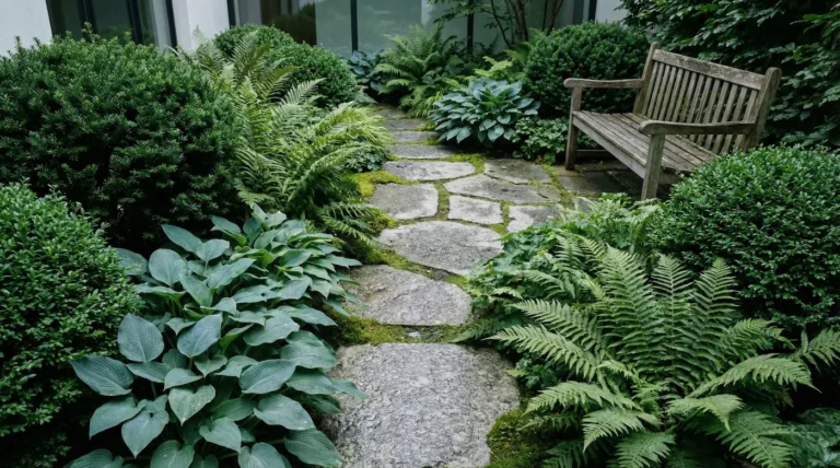 jardín de sombra compuesto de hostas, helechos y arbustos bojes formados