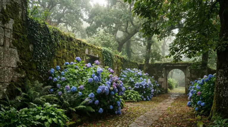 Espectacular jardín histórico de estilo pazo gallego con muros de piedra cubiertos de musgo y grandes hortensias azules bajo una luz difusa.