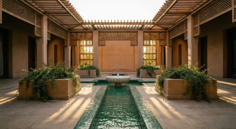 Patio de estilo árabe contemporáneo con acequia de azulejos verdes y fuente de mármol.