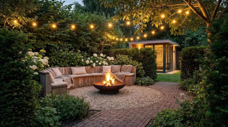Una vista amplia y panorámica del mismo jardín nocturno, mostrando el camino, la fogata y el cobertizo.