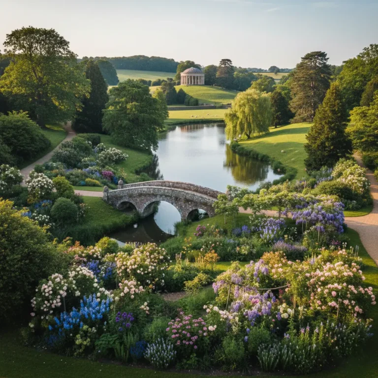 vista general de jardín ingles con profusión de especies de flor, césped natural y grandes árboles a los lados