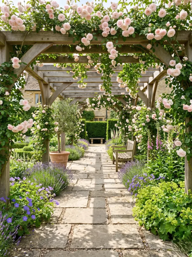 Pérgola de madera con rosales dos ingredientes imprescindibles en el jardín inglés tradicional