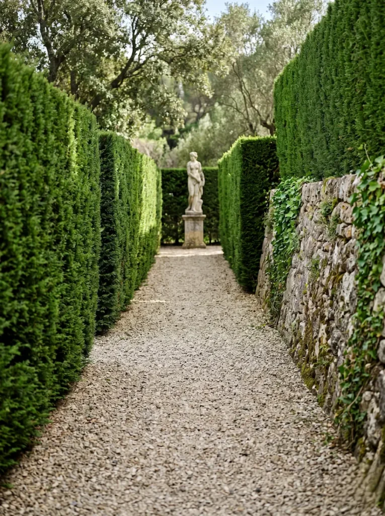 Setos de taxus y muros de piedra la base de la estructura en jardín inglés