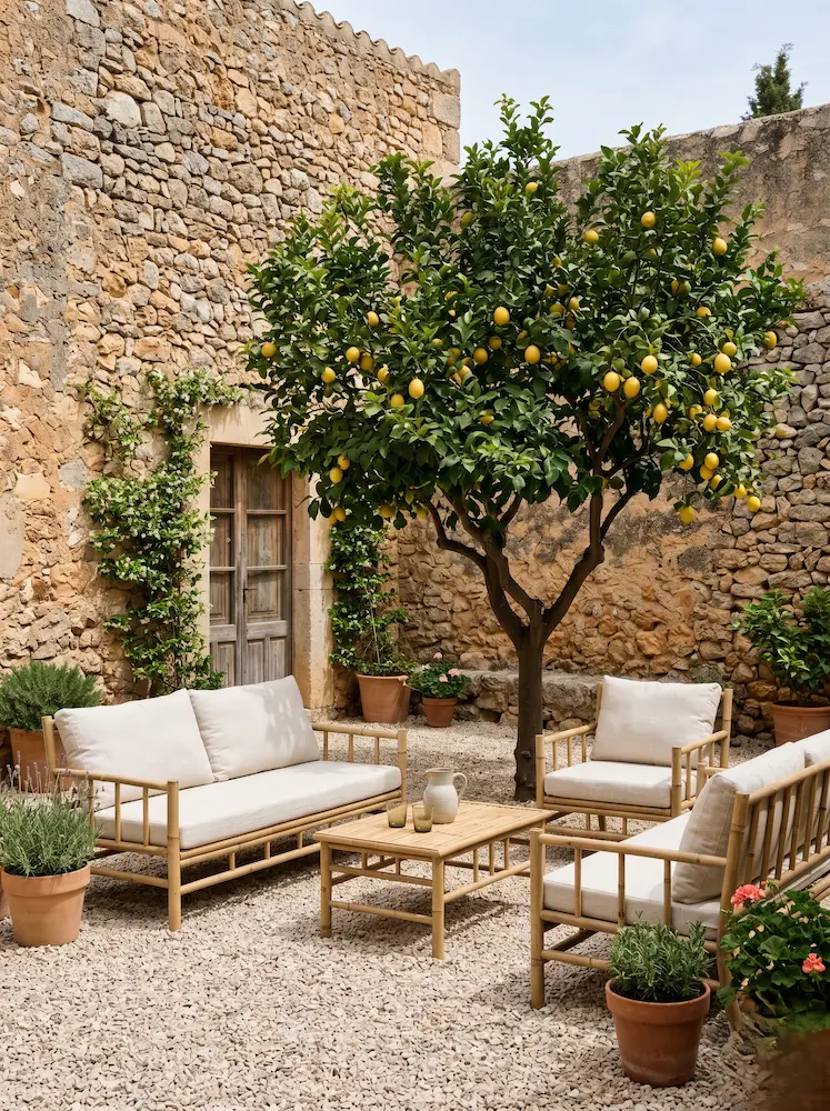 ArcÁrea de descanso estructurada sobre pavimento mineral dominada por la presencia arquitectónica y botánica de un limonero Citrus x limon que demuestra un alto estándar profesional de mantenimientoo de mampostería tradicional abrazado por la exuberante floración azul del Plumbago auriculata creando un nexo vegetal de gran contraste y calidad visual frente a la piedra