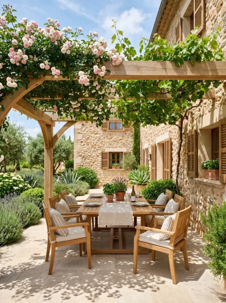pérgola de madera adosada a casa campo en la Mancha cubierta con rosal trepador y vides