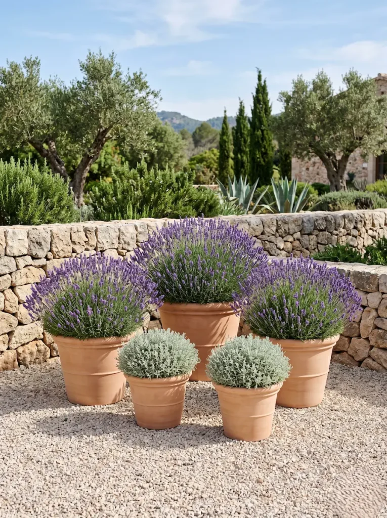 composición de macetas con aromáticas lavanda y santolina con el fondo de una finca manchez cipreses olivos