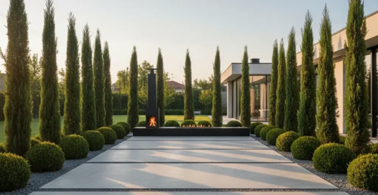 jardín minimalista cipres y tuyas alternando gravas y losas de hormigón