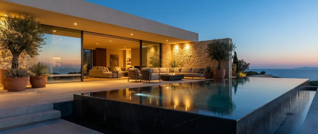 Terraza minimalista mediterránea con piscina de piedra oscura y luz cálida al anochecer.