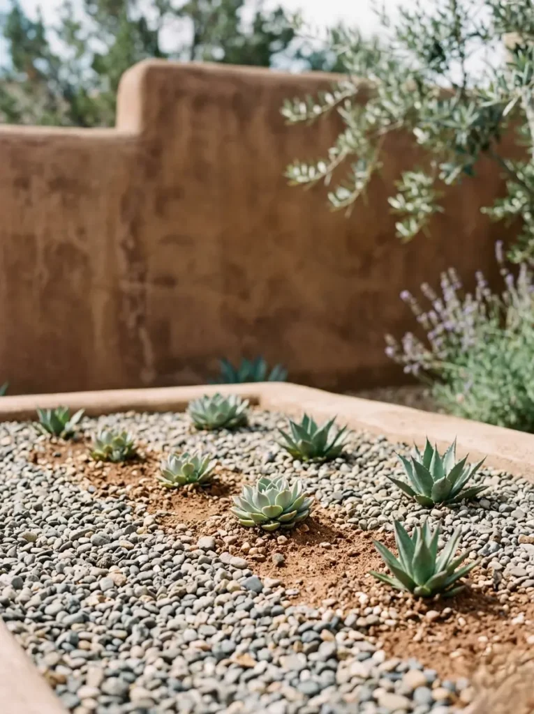 Detalle del perfil del suelo mostrando grava y tierra rojiza caliza evidenciando un diseño cuidado para garantizar el drenaje frente a un muro de tapial enfocado suavemente