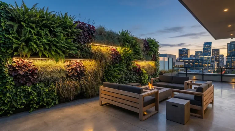 Espectacular salón exterior de lujo dominado por un inmenso jardín vertical lleno de helechos y plantas tropicales sobre un muro de hormigón.