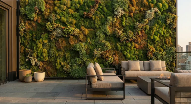 Jardín vertical natural con musgo y plantas pequeñas para dar privacidad a una terraza.