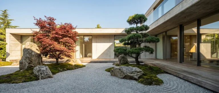 Jardín zen grava y piedras de musgo, destacan arce bloodgood y macrobonsai de ilex crenata