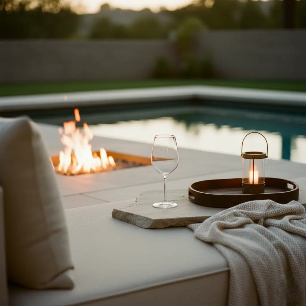 estilo de vida mesa en jardín con piscina de fondo y fuego creando un ambiente único