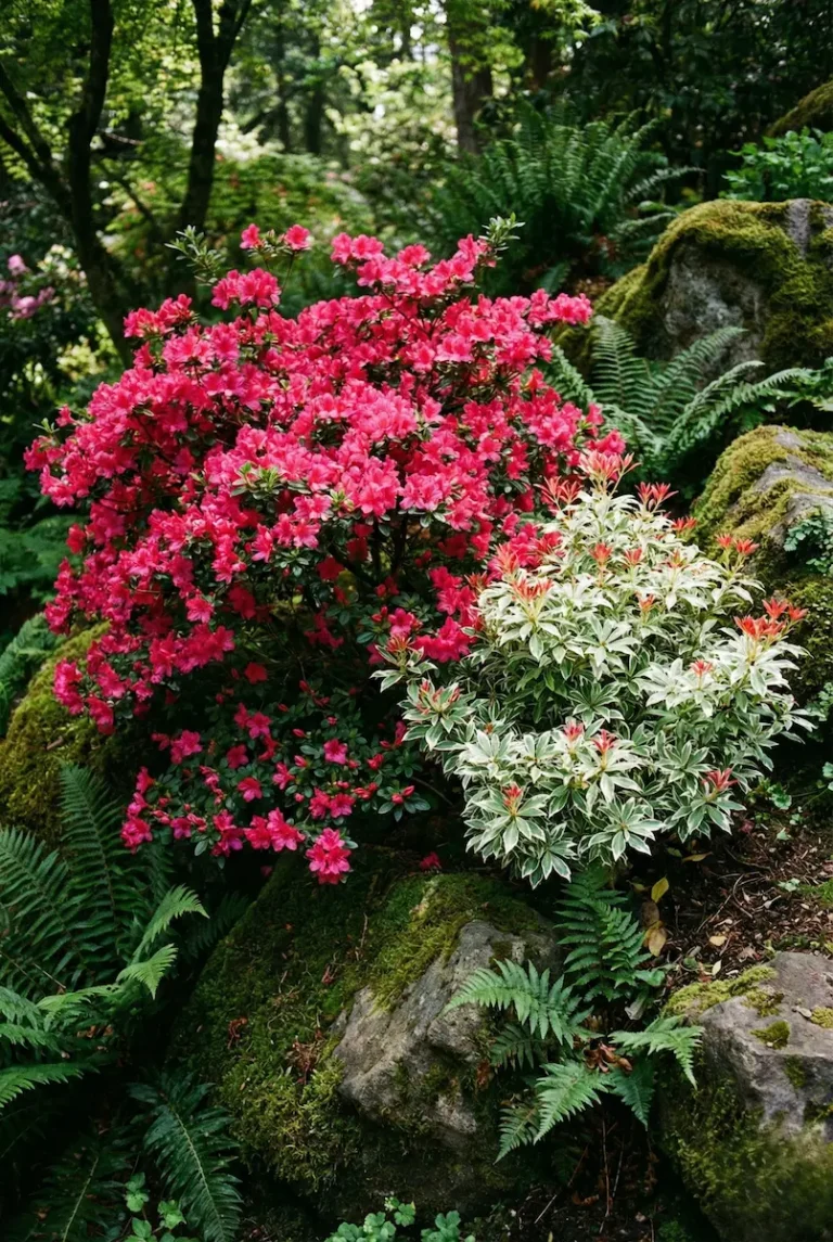 macizo de sombra helechos con azalea y pieris little frost