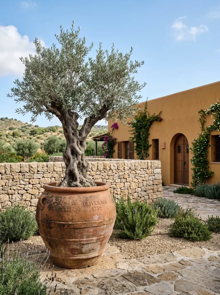 detalle jardín mediterráneo con tinaja de barro y muro de piedra natural caliza