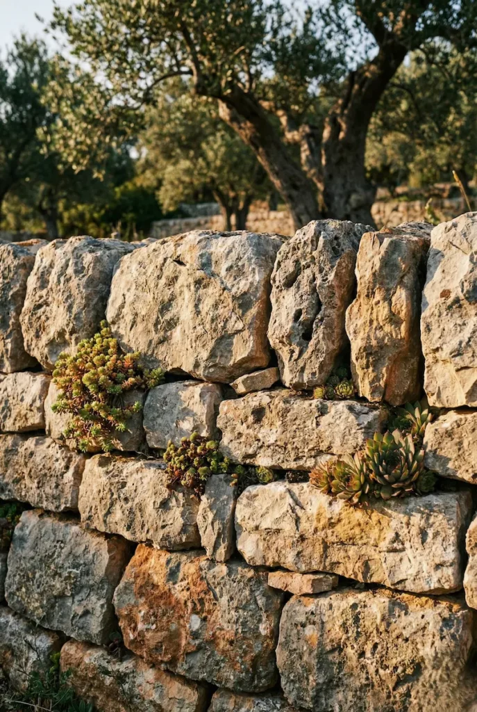 muro de piedra caliza con plantas crasas en jardín mediterraneo