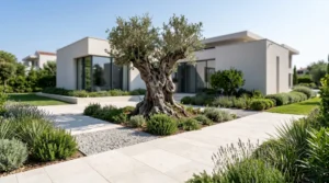 olivo centenario como punto focal en jardín mediterráneo
