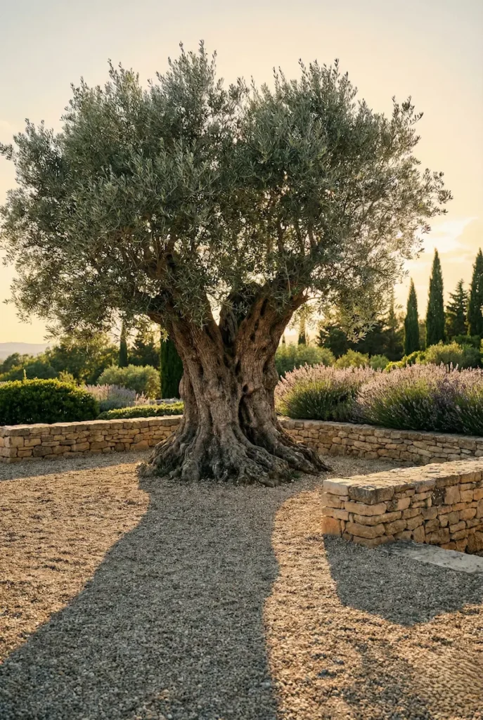 Olivo centenario en finca de andalucía, jardinería sostenible.
