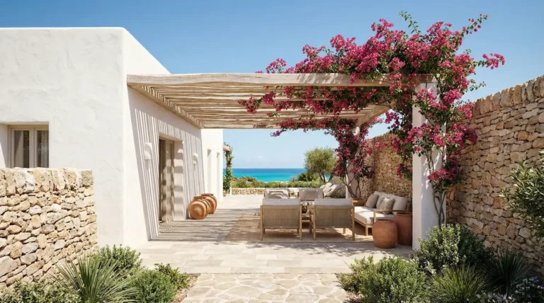 Espectacular terraza y jardín de estilo ibicenco con arquitectura blanca, muros de piedra seca y pérgola con buganvilla frente al mar.