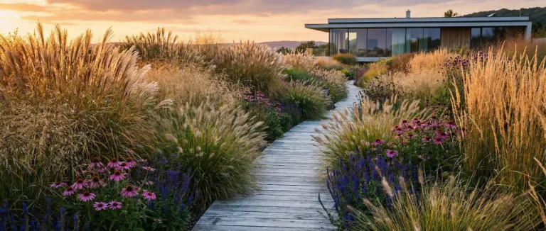 panoramica de paso en jardín flanquedao de gramíneas y vivaces