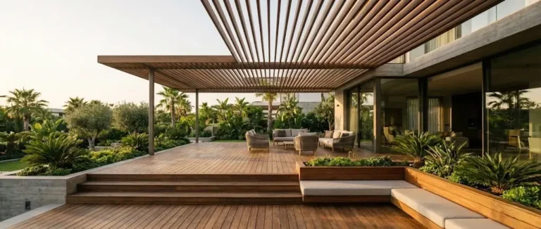 Vista panorámica de una terraza de lujo con un gran deck de madera de Ipe y mobiliario de diseño.