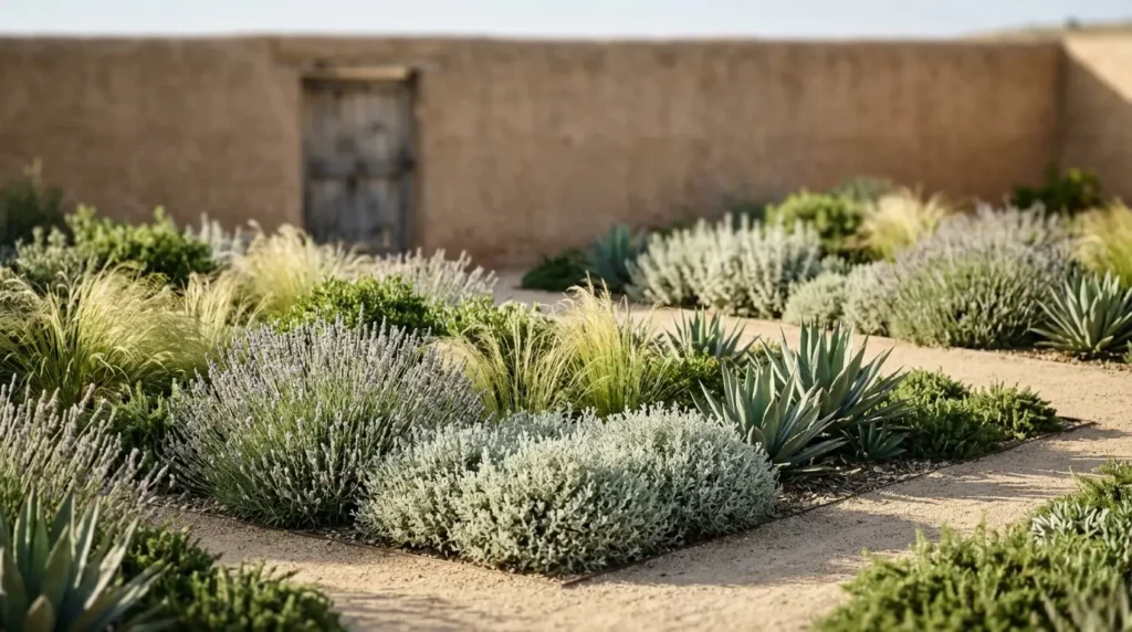Plano panorámico de un jardín de secano contemporáneo en La Mancha mostrando una integración paisajística de excelencia frente a un muro de adobe tradicional perfectamente mantenido