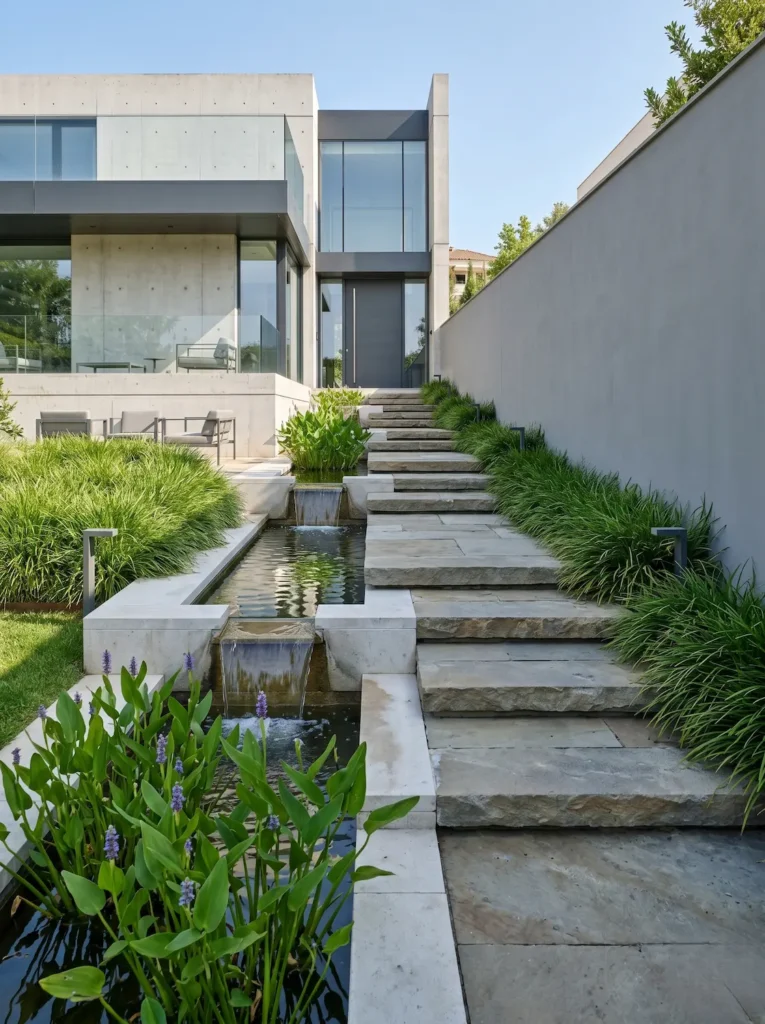 acceso a vivienda con desnivel paso de piedra y juego de agua
