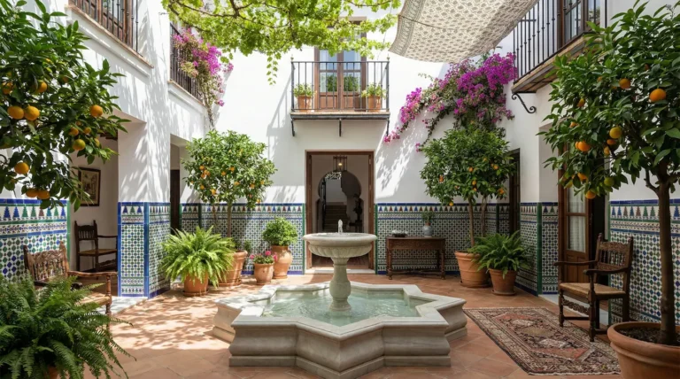 Diseño de patio andaluz tradicional de lujo con fuente central de piedra, paredes encaladas, macetas con plantas y suelo de azulejos.