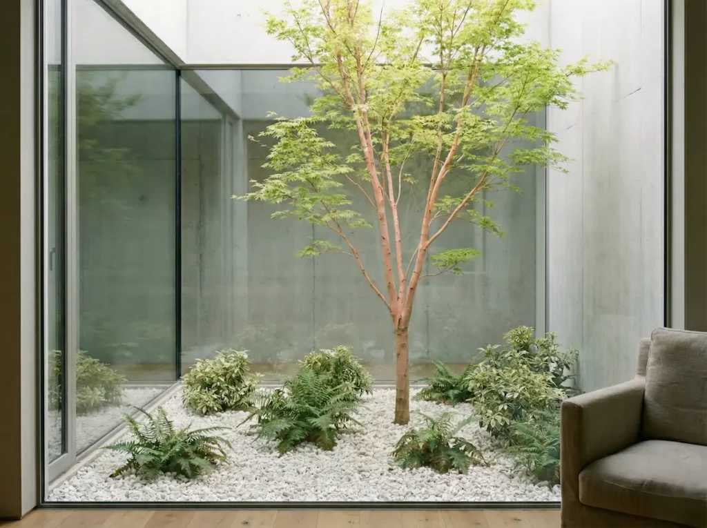 Acer sango kaku, con helechos y pieris sobre lecho de grava blanca