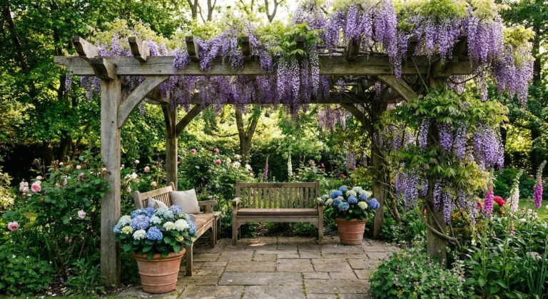 Pérgola de madera rústica cubierta por una espectacular floración de glicinia morada en primavera