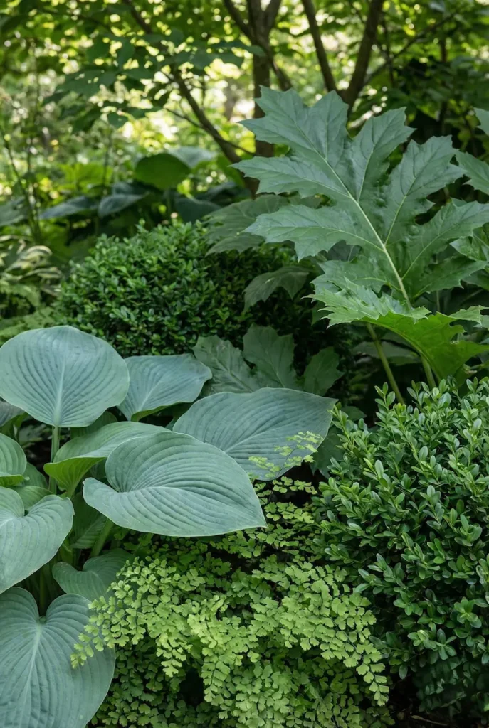 composición de plantas para sombra  hosta gigante boj y aralia
