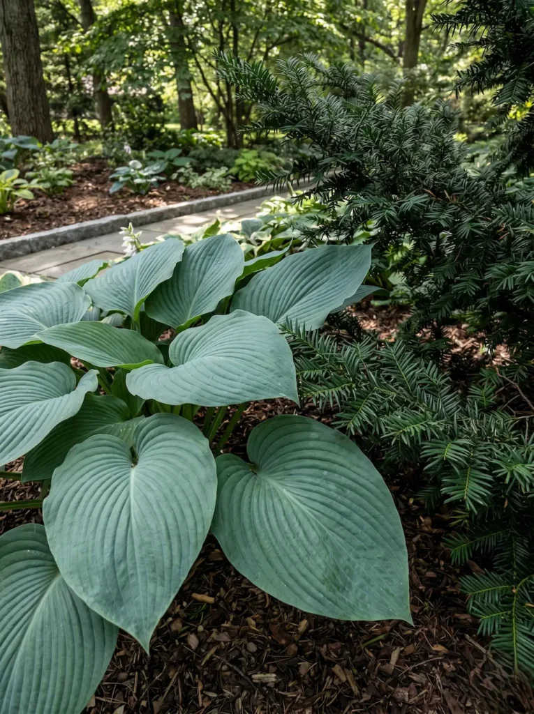 Combinación de texturas masivas con Hostas y Tejos bajo árboles maduros logrando un nexo vegetal rotundo en condiciones de sombra seca