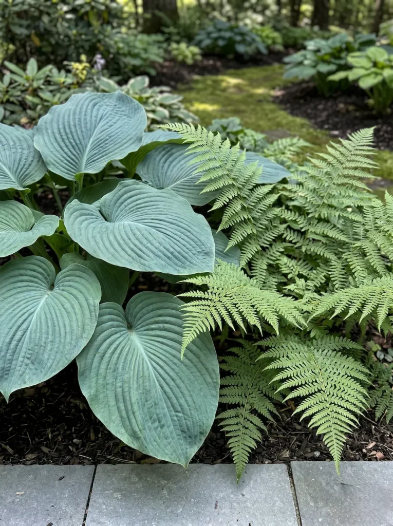 Contraste botánico entre hojas esculturales y helechos delicados mostrando un diseño cuidado y calidad paisajística