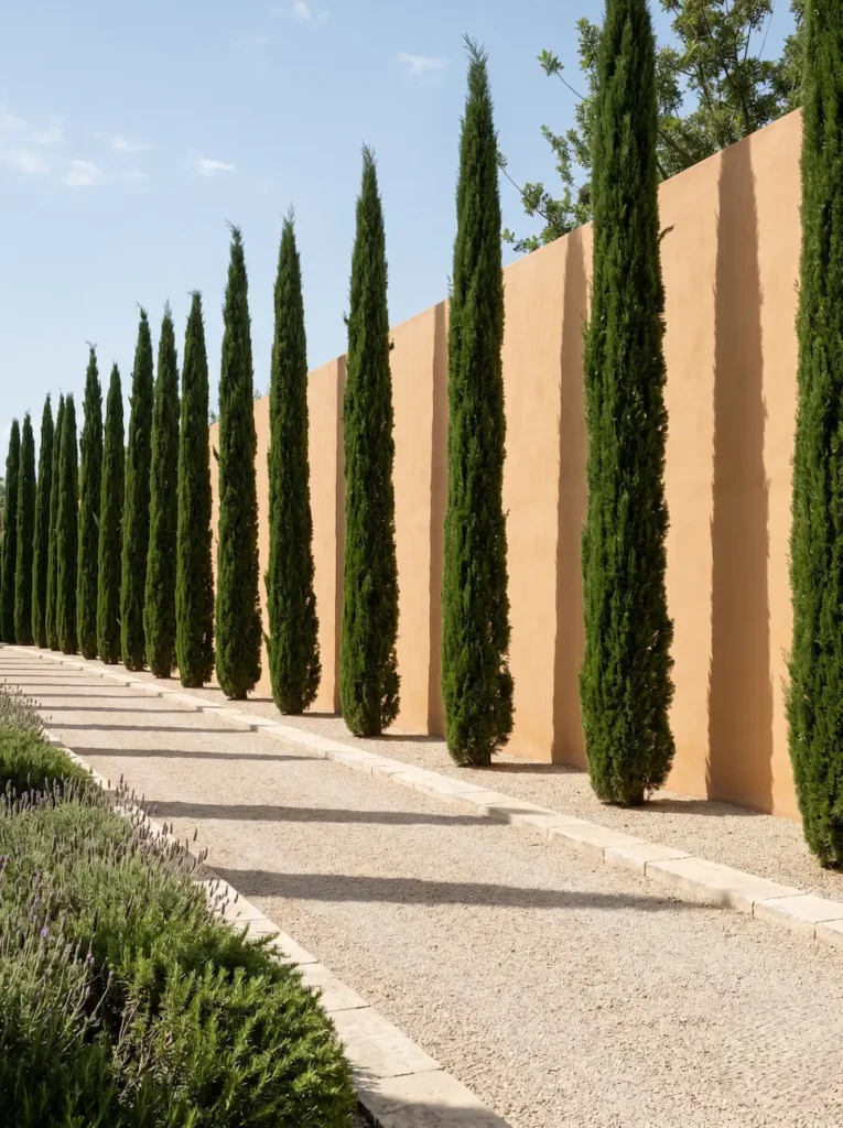 alineación de cipreses contra muro liso de enfoscado color albero liso