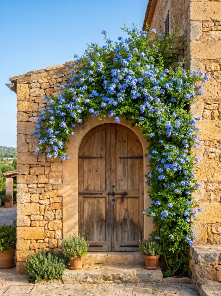 Arco de mampostería tradicional abrazado por la exuberante floración azul del Plumbago auriculata creando un nexo vegetal de gran contraste y calidad visual frente a la piedra