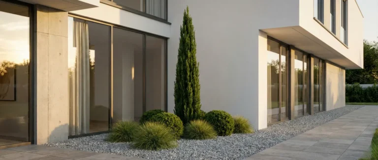 ciprés stricta acompañado de tuya dánica y carex al pie sobre lecho de grava