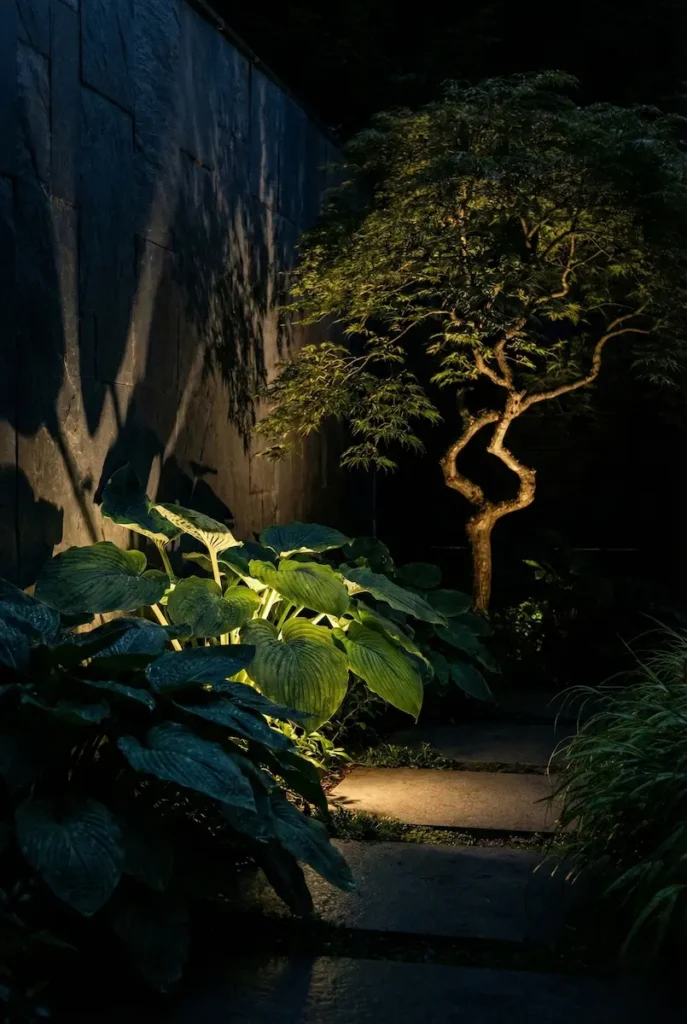 rincón con plantas de sombra con iluminación artificial