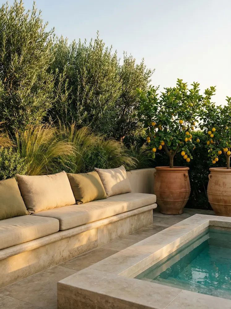 rincón con banco en piedra junto a jardinera alta con aromáticas seto de ciprés y limoneros en maceta terracota