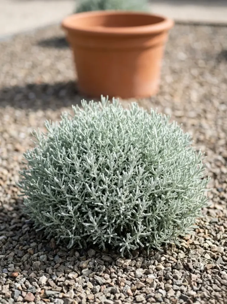 Santolina chamaecyparissus actuando como nexo vegetal en un diseño de secano