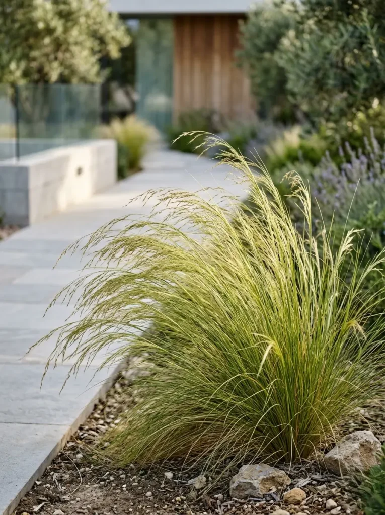 Detalle botánico del Esparto Stipa tenacissima mecido por el viento actuando como nexo vegetal en un diseño de secano