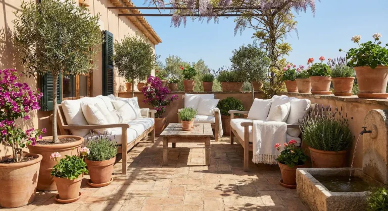 terraza mediterránea pleno slo color de geranios y buganvillas y olivo en maceta