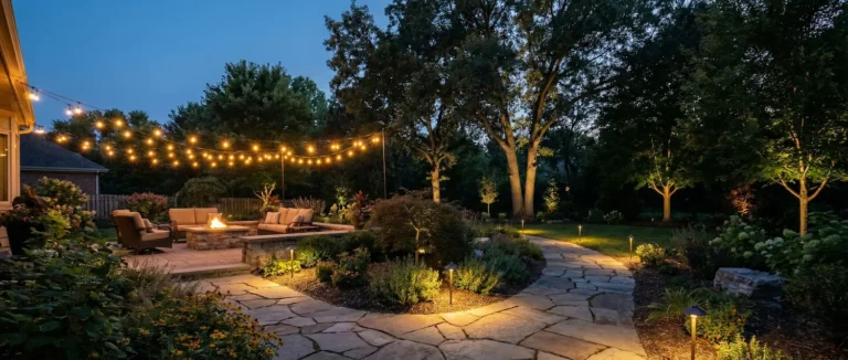 vista general de jardín con iluminación cálida