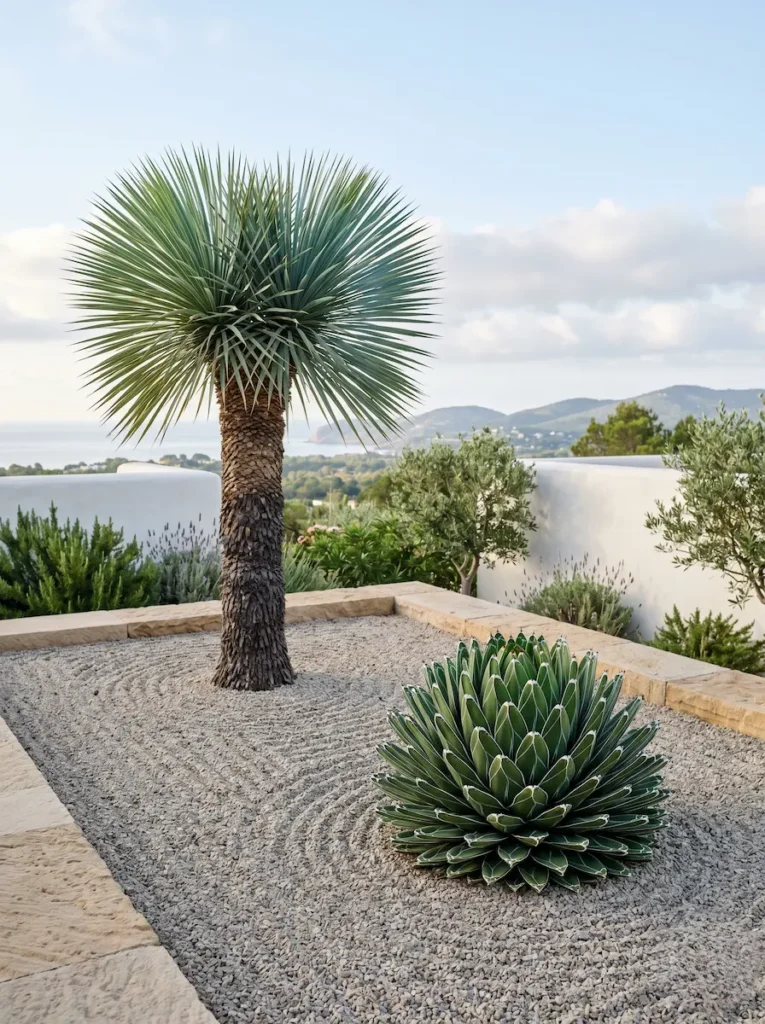Composición botánica de máxima calidad espacial protagonizada por la simetría perfecta del agave (Agave victoria-reginae) y la verticalidad arquitectónica de la yuca (Yucca rostrata) sobre un lecho mineral.